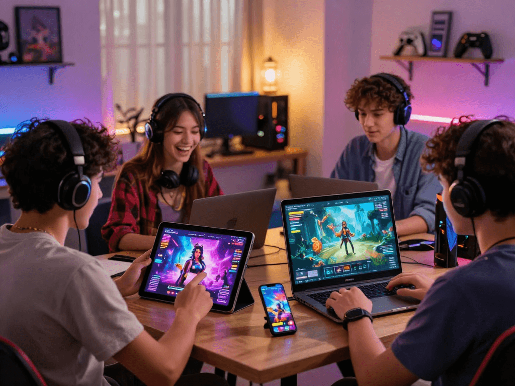 Players enjoying online sex games on laptops and mobile devices in a cozy setting.