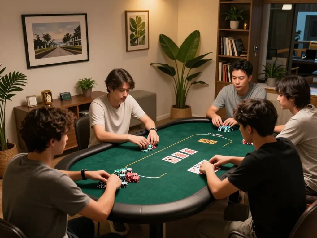 Engaging poker game scene at home featuring 888new casino with players actively participating, cards and chips visible.
