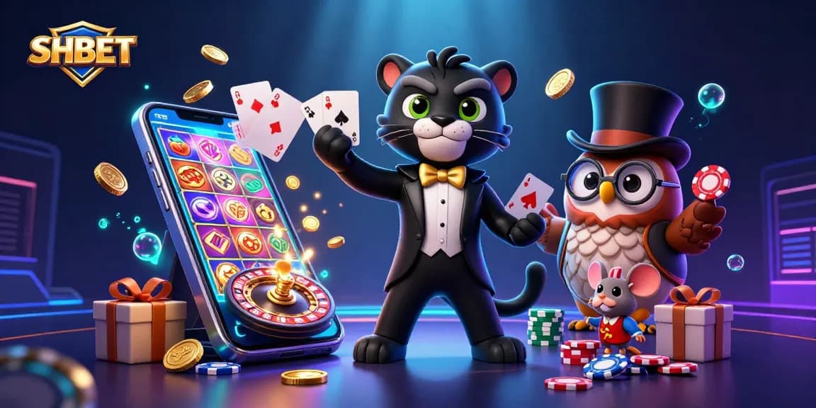 Engage with SHBET's thrilling atmosphere featuring a stylish panther dealer amidst casino excitement.