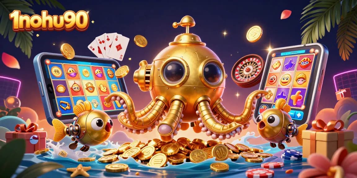 Win big with 1nohu90 featuring a golden kraken amidst lively casino elements!
