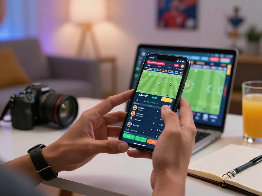 Person engaged in keo nha cai betting using smartphone in a lively home setting.