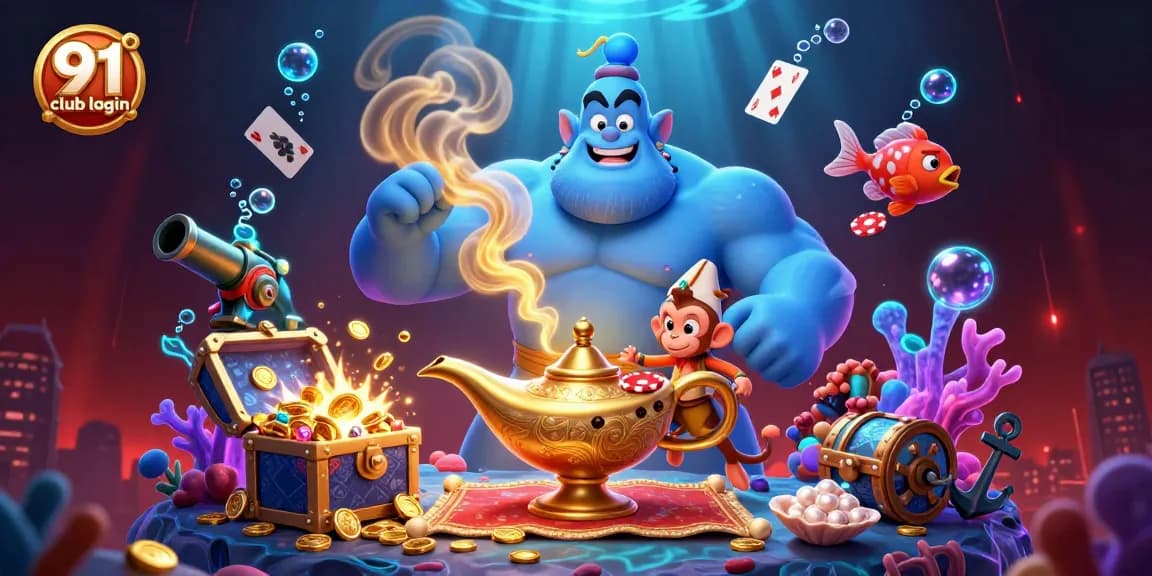 Experience the thrill of 91 club login with a vibrant 3D illustration of a genie, monkey, and poker chips.