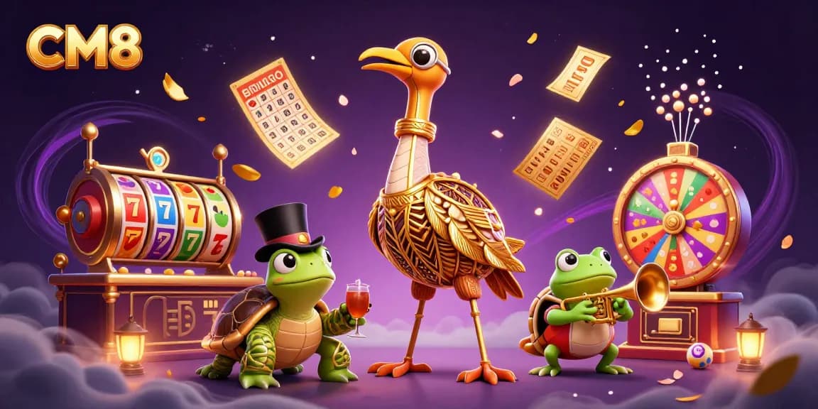 CM8 spins the excitement with colorful slot reels and lively characters at an arcade-themed casino.