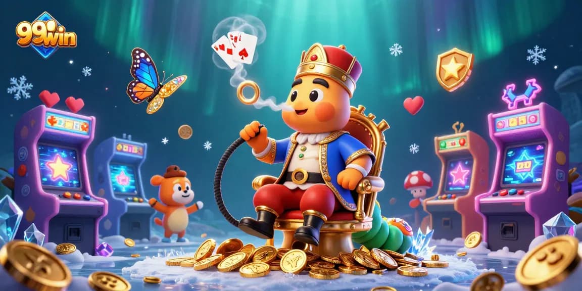 Experience 99win's vibrant casino scene with an imaginative caterpillar master and gaming elements.