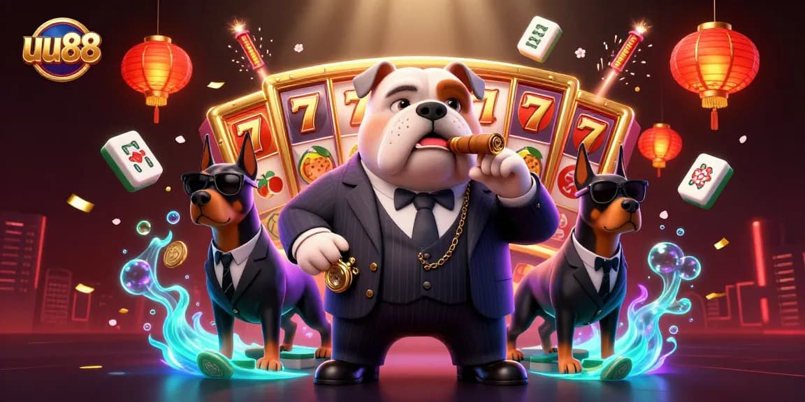 Experience the thrill of uu88 with a dynamic casino scene featuring a bulldog mafia boss and slot game elements.