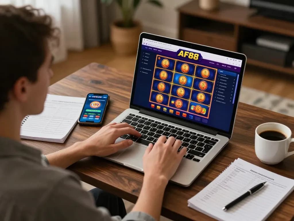 Player enjoying online gaming at AF88 with vibrant interface showcasing slot games and strategic notes.