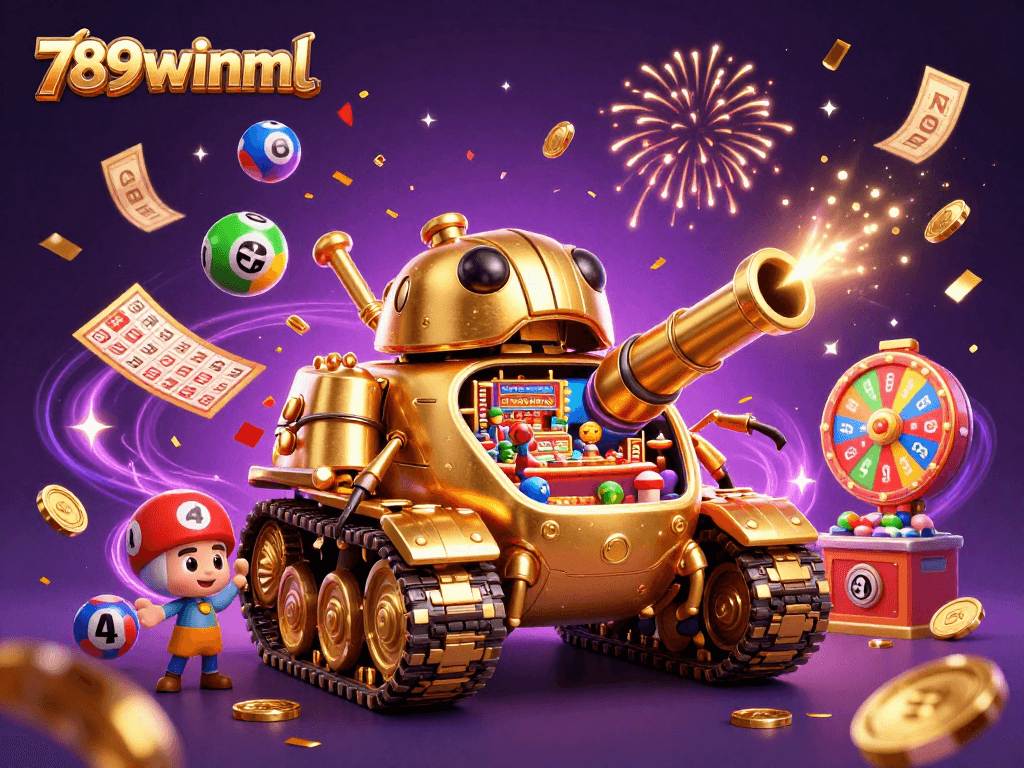 Join the excitement at 789winml with vibrant casino elements and celebratory prizes raining down.