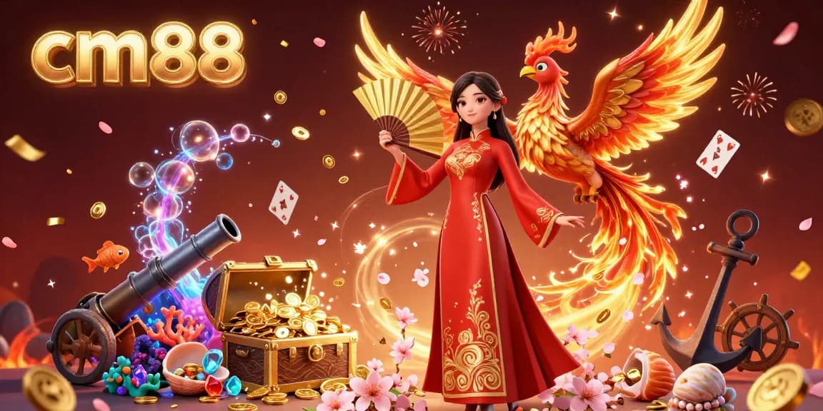 Join the excitement at cm88 with a vibrant online casino scene featuring a stunning woman, phoenix, and dazzling game elements.