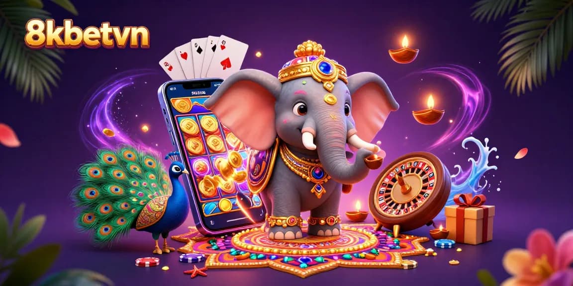 Experience thrilling spins and jackpots at 8kbetvn with this colorful casino illustration.
