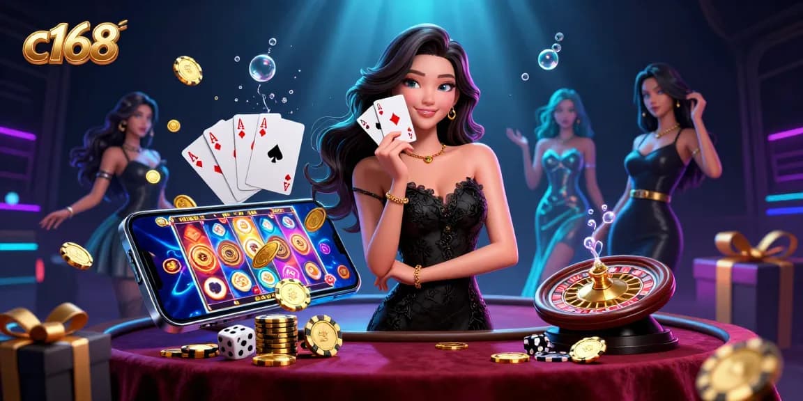 Experience thrilling gameplay at c168 with an elegant dealer showcasing poker cards amidst vibrant casino elements.