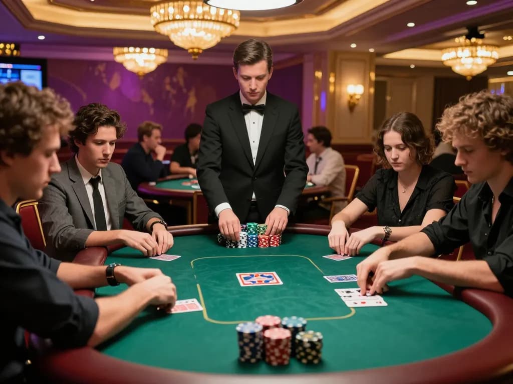 Intense poker action at qq88ae luxury casino with players focused and dealer managing the game.