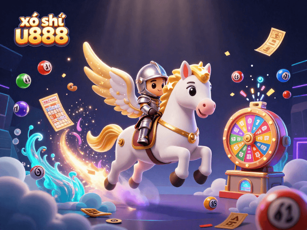 Engage with xổ số u888 through vibrant lottery elements in a dynamic 3D scene.
