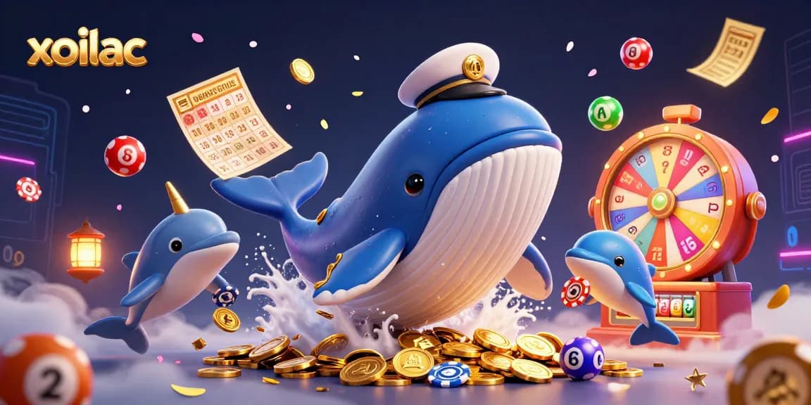 Xoilac offers a vibrant 3D illustration of a whale, narwhal, and dolphins in a dynamic gaming scene.