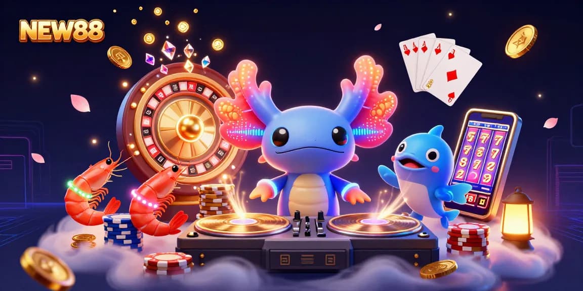 Engage with NEW88's vibrant 3D casino scene featuring lively axolotl DJ, shrimp dancers, and a dazzling roulette wheel.