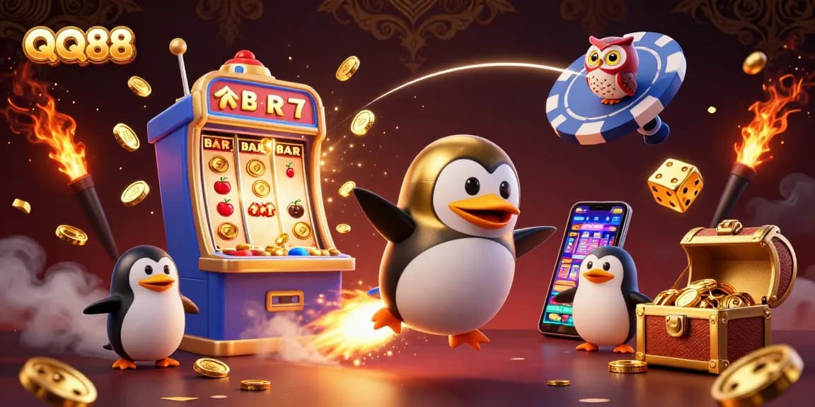 Experience the excitement of QQ88 as a golden penguin rockets towards a casino in a vibrant 3D scene.
