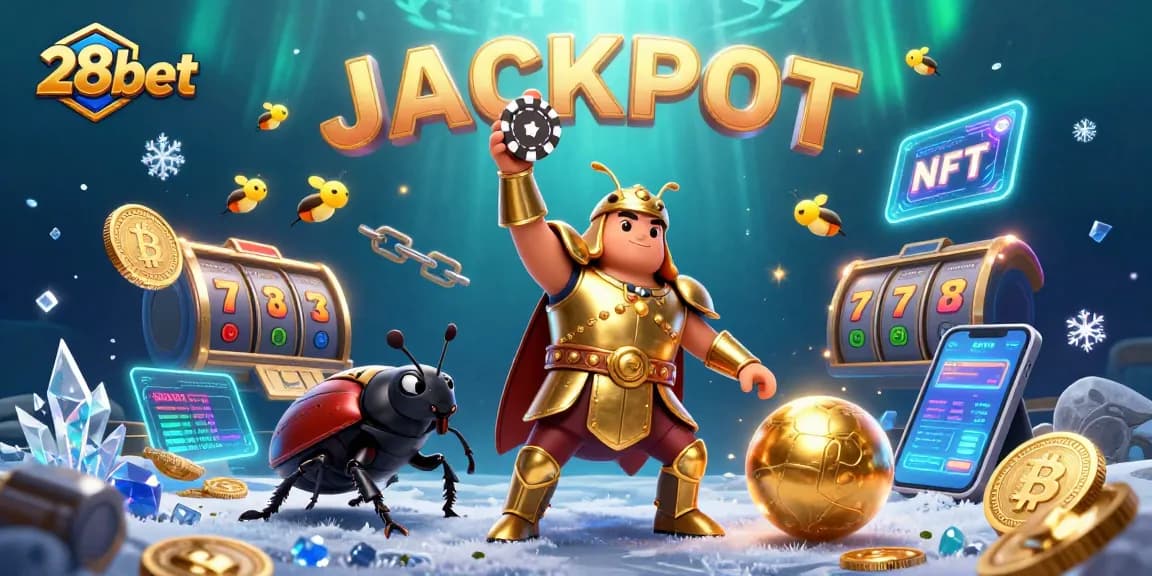 Spin to win with 28bet - 3D cartoon hercules beetle celebrating a jackpot in a vibrant casino scene.