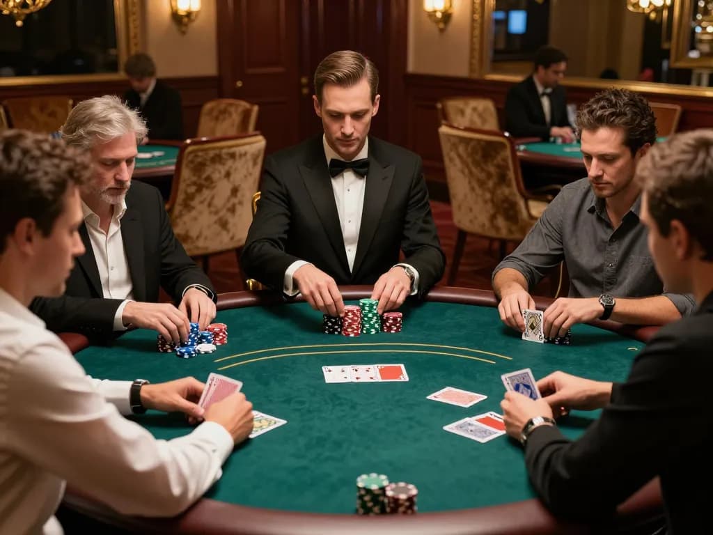 Players strategizing in a high-stakes poker game at xx88 casino, showcasing intense gameplay and luxury atmosphere