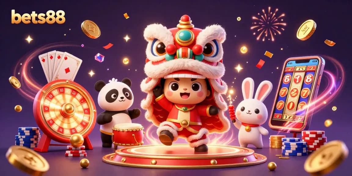 Experience the thrilling energy of bets88 with a vibrant 3D casino scene featuring dynamic characters and gaming elements.