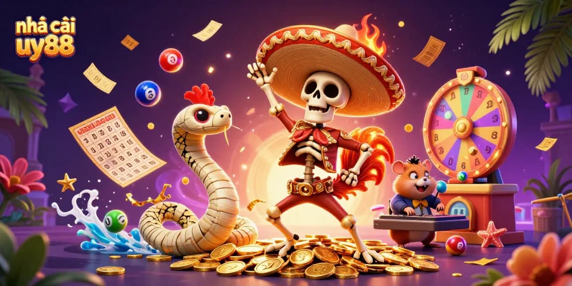 Experience the excitement of nhà cái uy88 with colorful lottery elements and vibrant casino characters dancing amidst gold coins.
