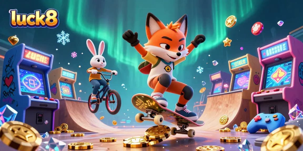 Experience luck8 excitement as a skateboarder fox and BMX rabbit showcase carnival tricks surrounded by casino-themed arcade games.