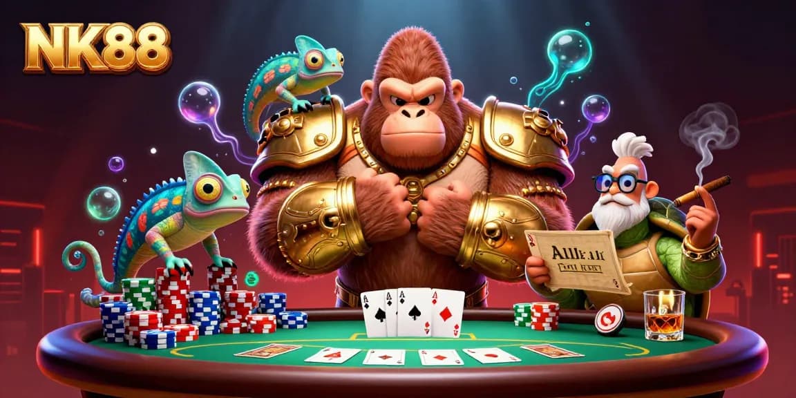 Join the action at NK88 with a powerful gorilla king and his curious chameleon companion in this vibrant casino scene.
