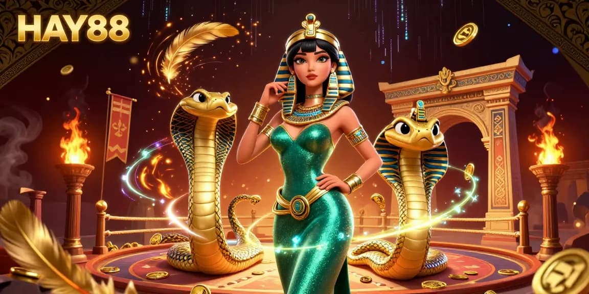 Engage with vibrant gaming action at HAY88 featuring a stunning emerald-clad woman and golden cobra in a dynamic casino scene.