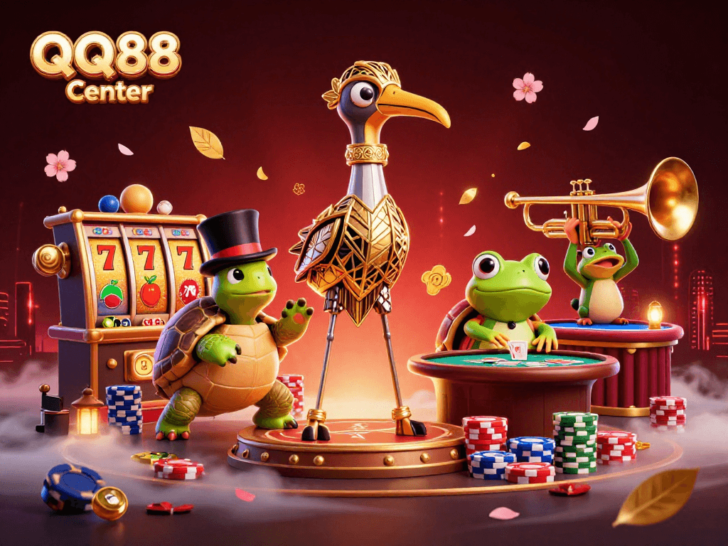 Engage with the QQ88 Center through this vibrant digital casino illustration showcasing exciting gaming elements.