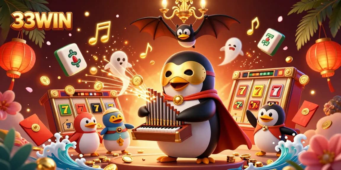 Experience thrilling gaming with 33WIN as a penguin conducts slot machine excitement amidst golden coins and decorations.