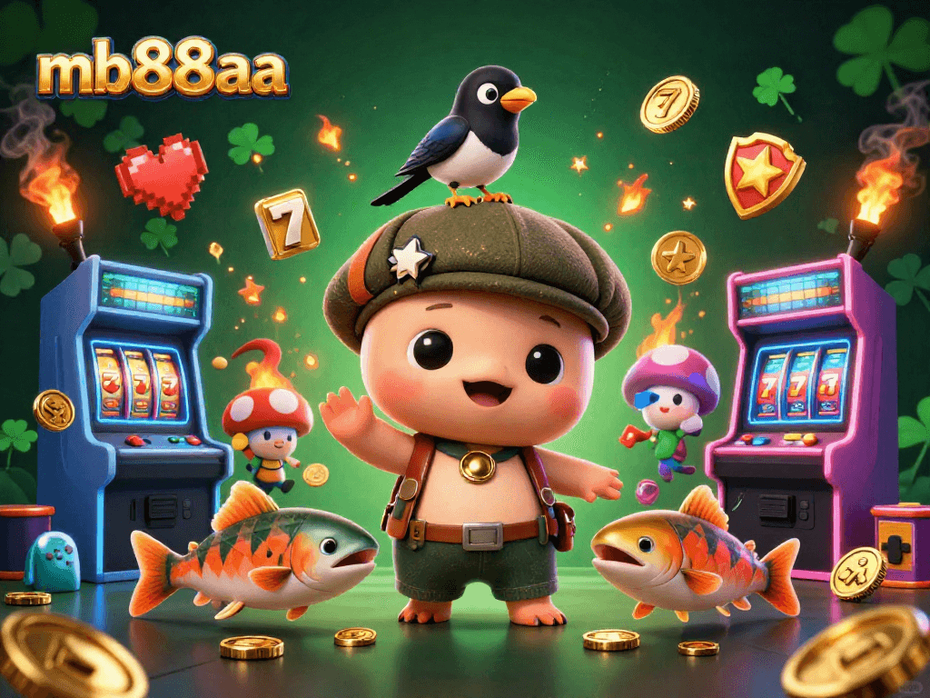 Engage with mb88aa's playful casino-themed illustration, featuring cartoon Nessie, magpie, and salmon amidst slot reels.
