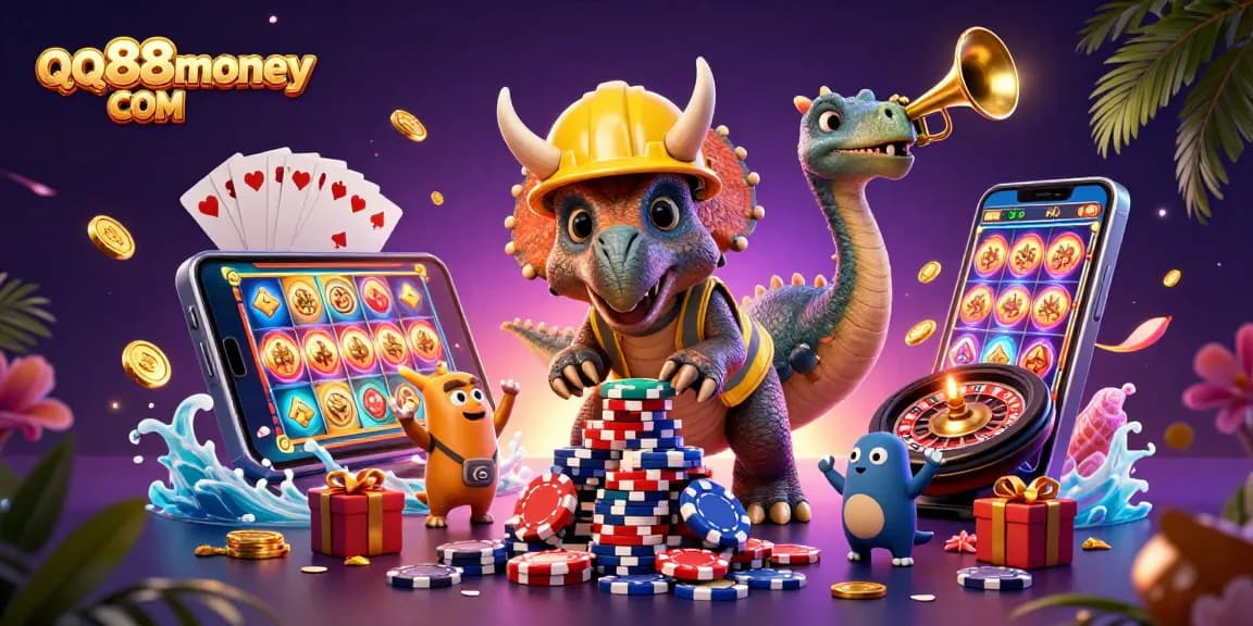 Experience the excitement of QQ88money COM with a vibrant 3D casino illustration featuring animated characters and game elements.