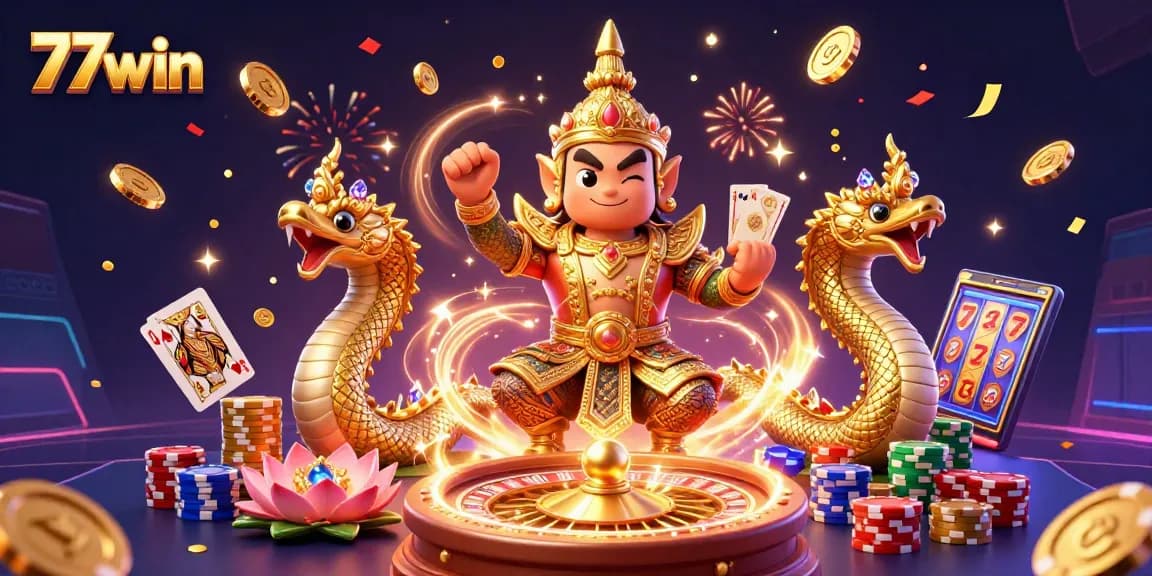 Experience the excitement of 77win, with colorful casino elements and vibrant characters.