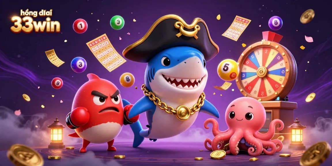 Engage with hướng dẫn 33win as colorful lottery elements surround vibrant characters in a casino scene.