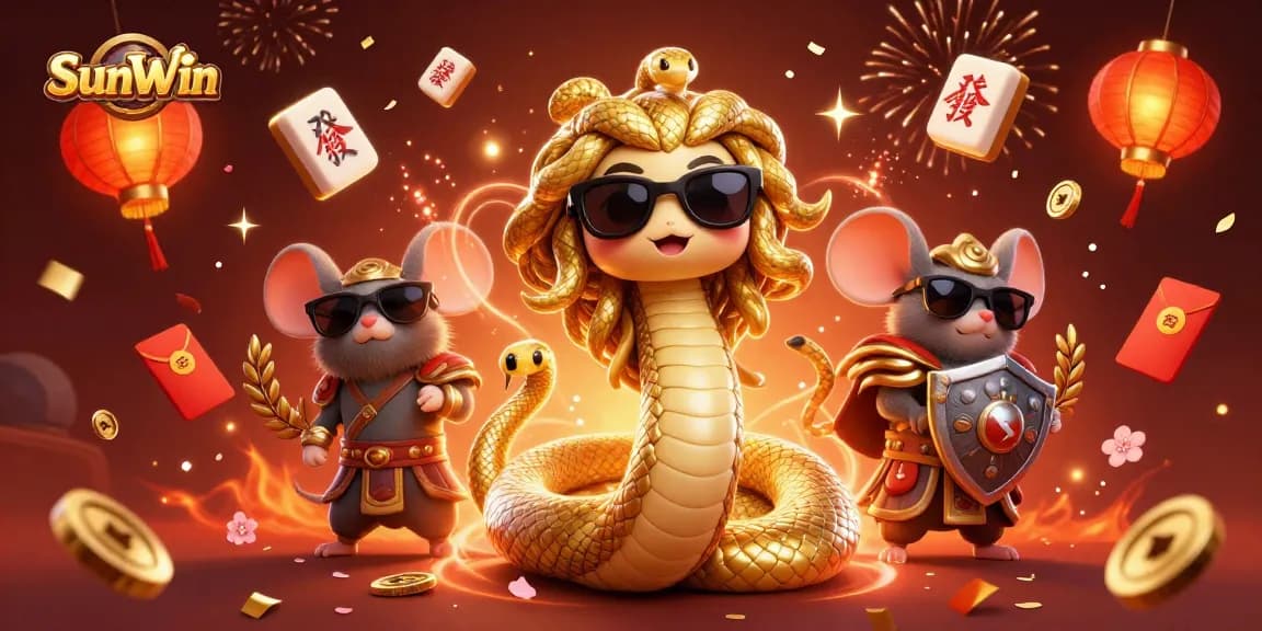 Experience the excitement of SunWin's vibrant casino atmosphere with joyous characters and festive elements.