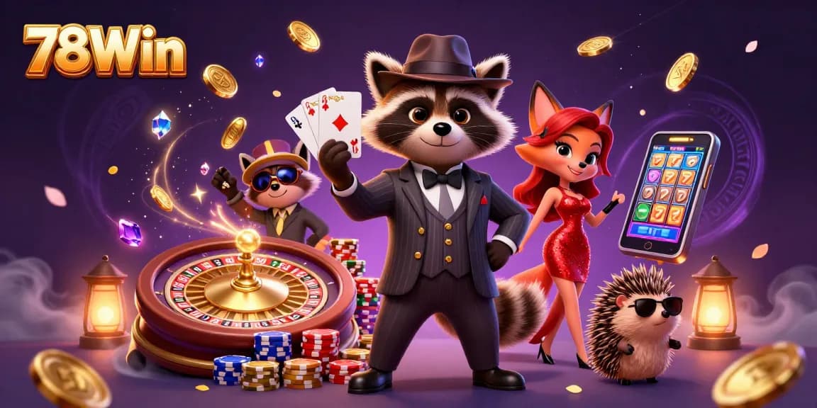 Win big with 78Win as the suave raccoon flaunts a royal flush in a vibrant casino scene.