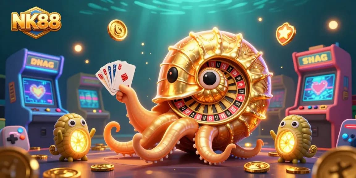 Experience thrilling gameplay at NK88 with an ancient nautilus roulette wheel surrounded by vibrant casino elements.