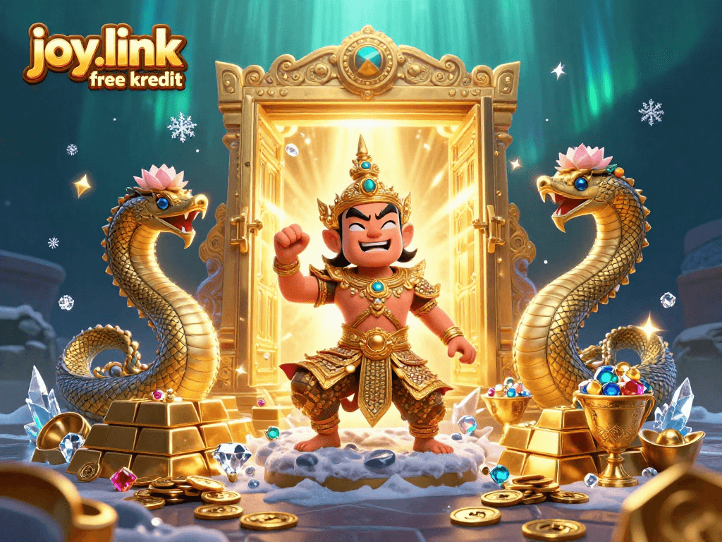 Engage with joy.link free kredit through vivid 3D casino scene featuring Thai guardian, riches, and dynamic gaming elements.
