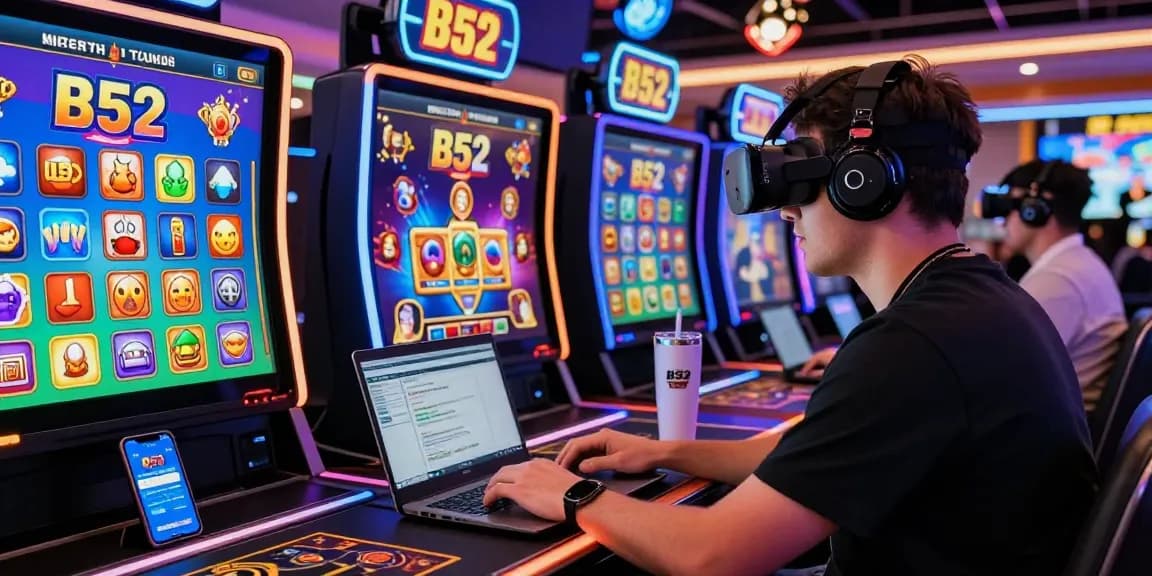 B52 cup featured in a vibrant online casino scene with an excited player at a gaming station, showcasing the lively environment and interaction.