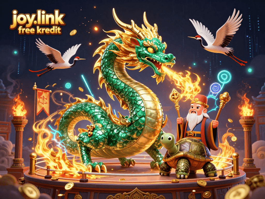 Experience joy.link free kredit magic with a jade dragon, turtle sage, and lucky cranes in a vibrant casino scene.