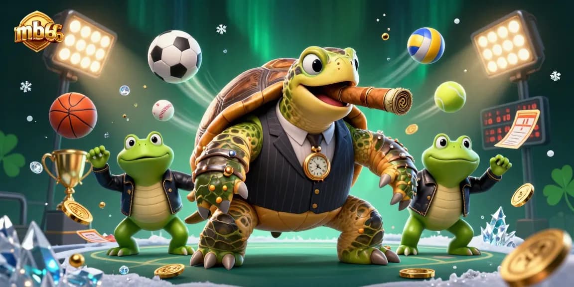 Engage with mb66 in a vibrant casino scene featuring a snapping turtle and two bullfrog enforcers.