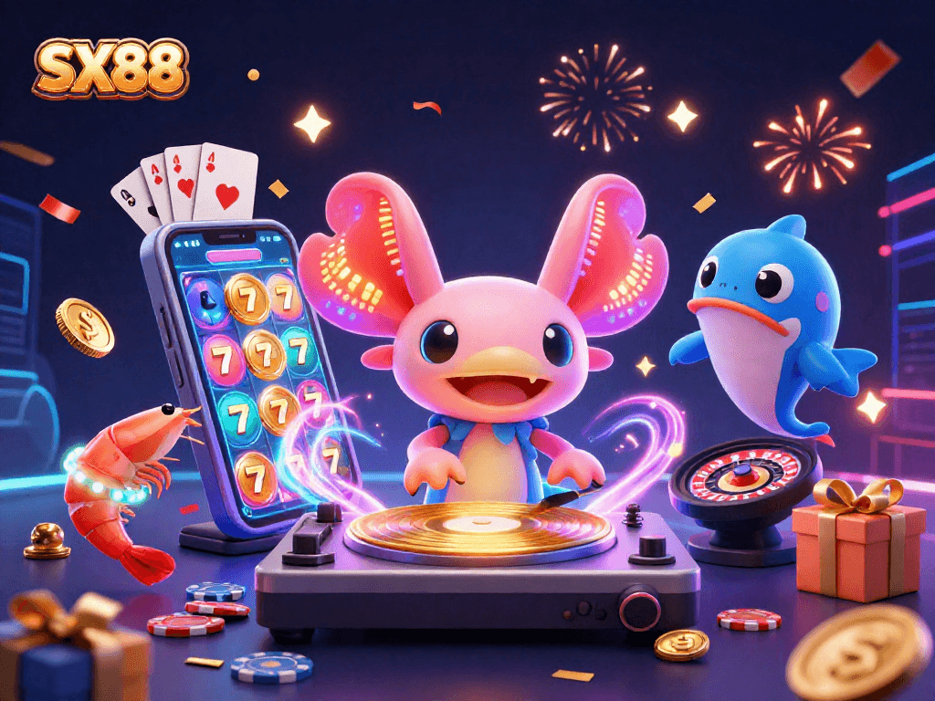 SX88 showcases thrilling slot game action with a vibrant axolotl DJ and fun sea creatures.