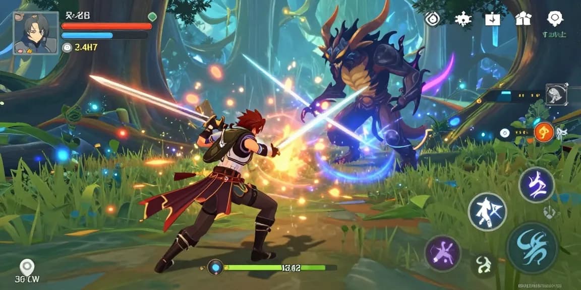 Adult character in an engaging nsfw game battling mythical creature in vibrant fantasy forest