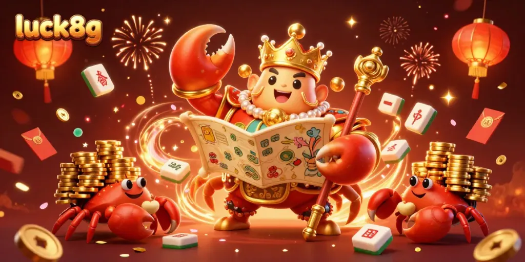 Engage in epic gaming battles at luck8g with a radiant golden crab emperor amidst vibrant festivities and casino elements.