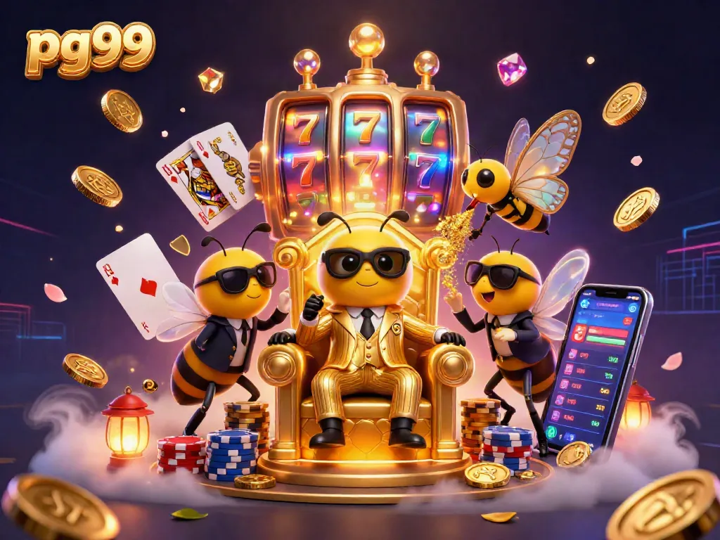 Experience the thrill of pg99 casino games with vibrant slot reels and dazzling gold coins.