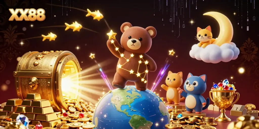 Engage with the enchanting world of XX88, featuring a constellation bear gathering treasure in a cosmic casino.