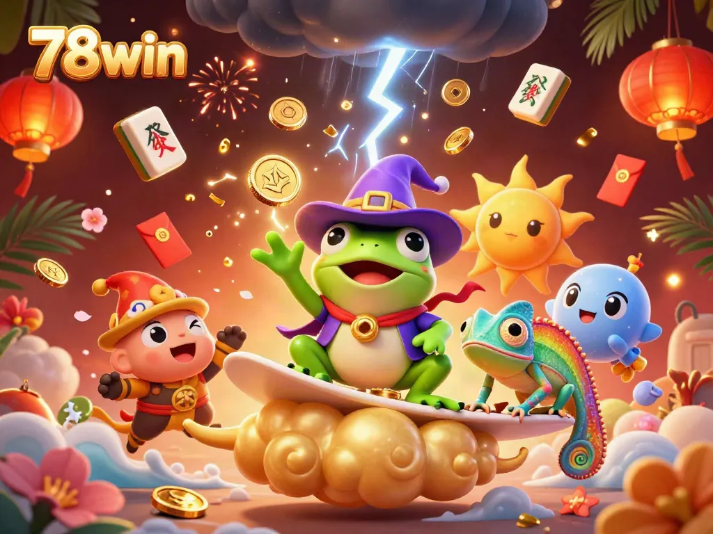 Experience a thrilling casino adventure with 78win as a wizard frog conjures coins amidst vibrant game elements.