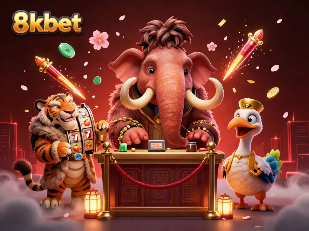 Engage with 8kbet at the vibrant casino scene featuring a woolly mammoth bouncer, a saber-tooth tiger guest, and colorful slot elements.