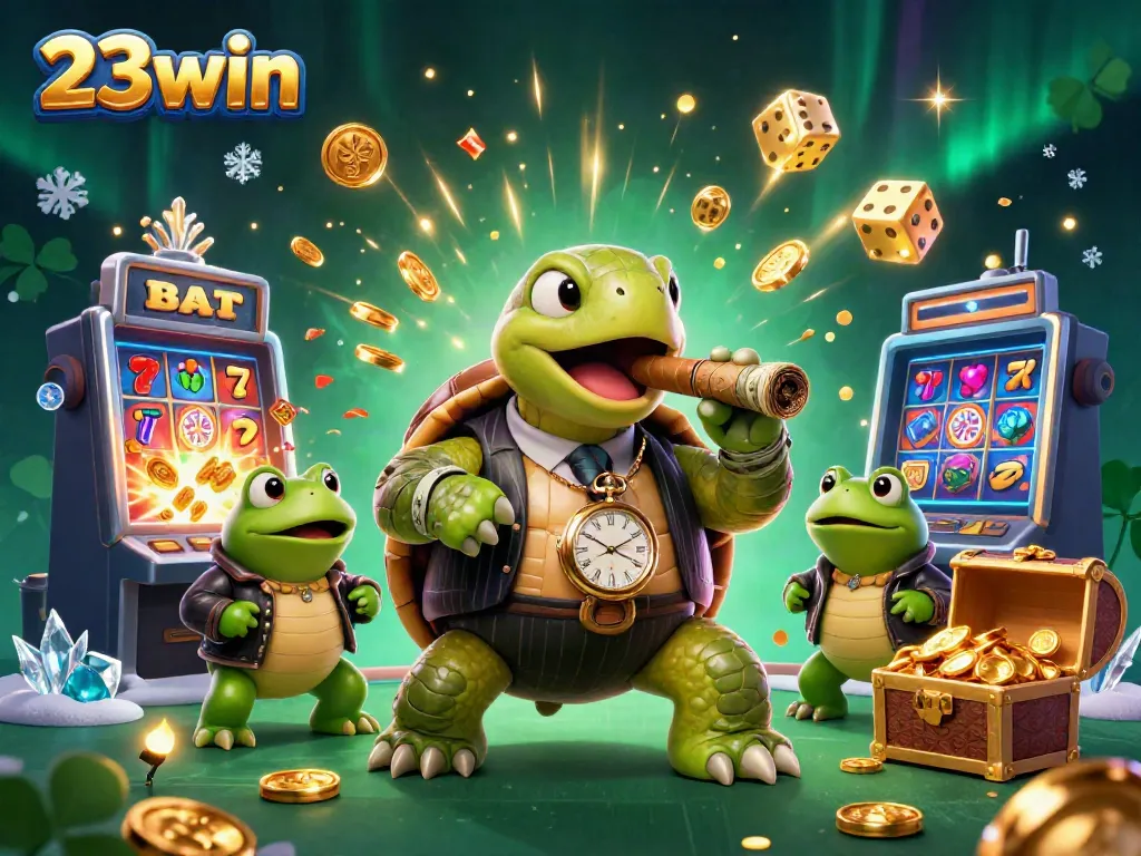 Experience the excitement of 23win with a vibrant casino scene featuring a whimsical turtle in a suit and colorful slot machine