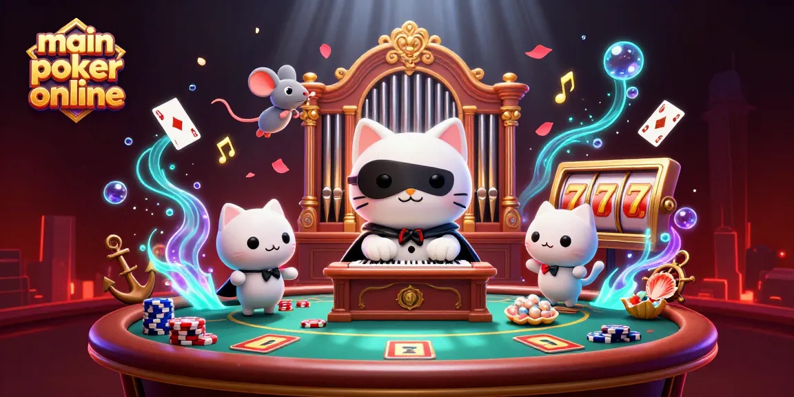 Main poker online pada ilustrasi kasino 3D dengan karakter menarik dan elemen permainan yang penuh warna.