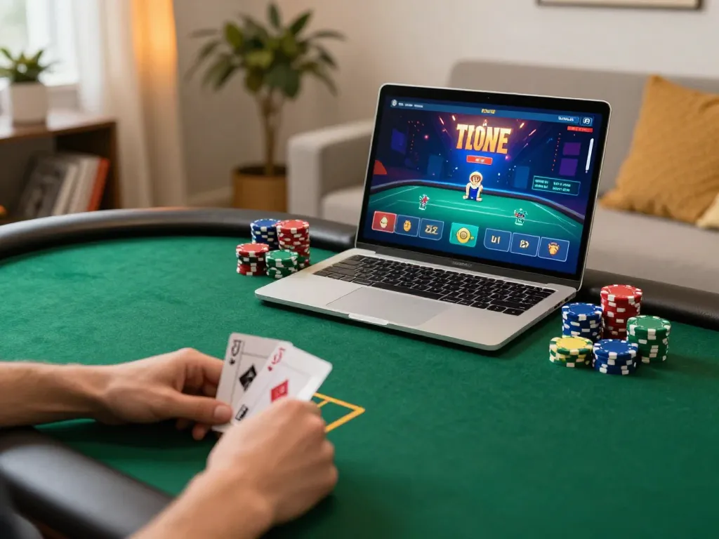 O8 player strategizing online poker with colorful chips during casual home game.
