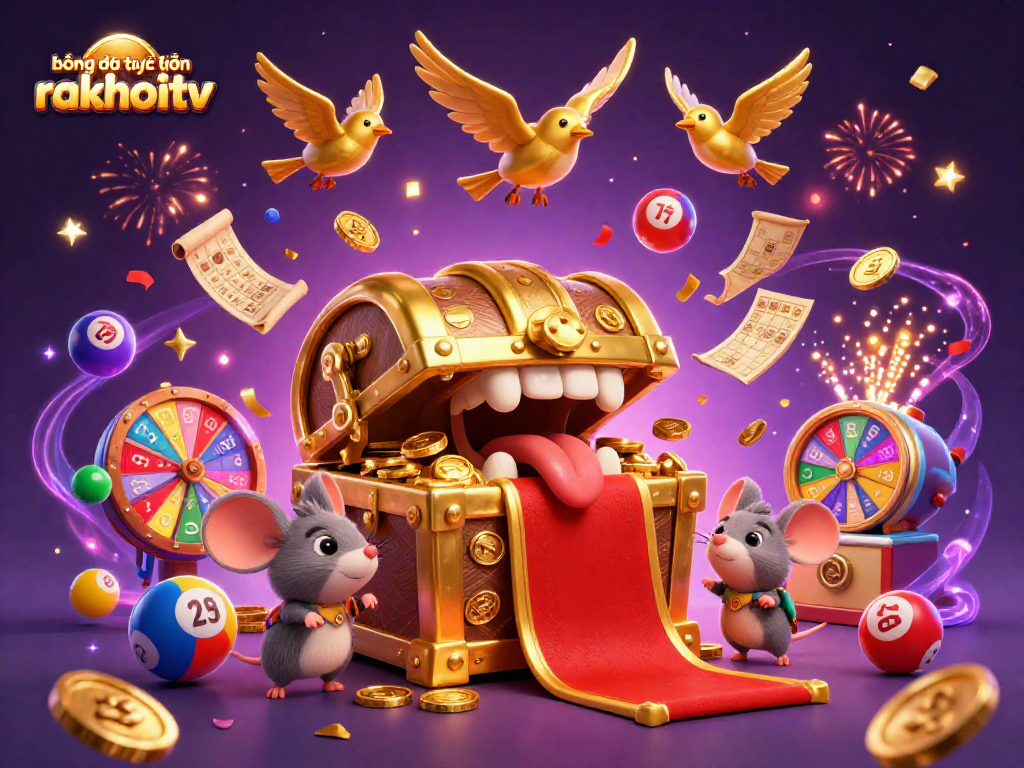 bóng đá trực tuyến rakhoitv captures excitement with a vibrant 3D illustration of lottery elements and adventure.